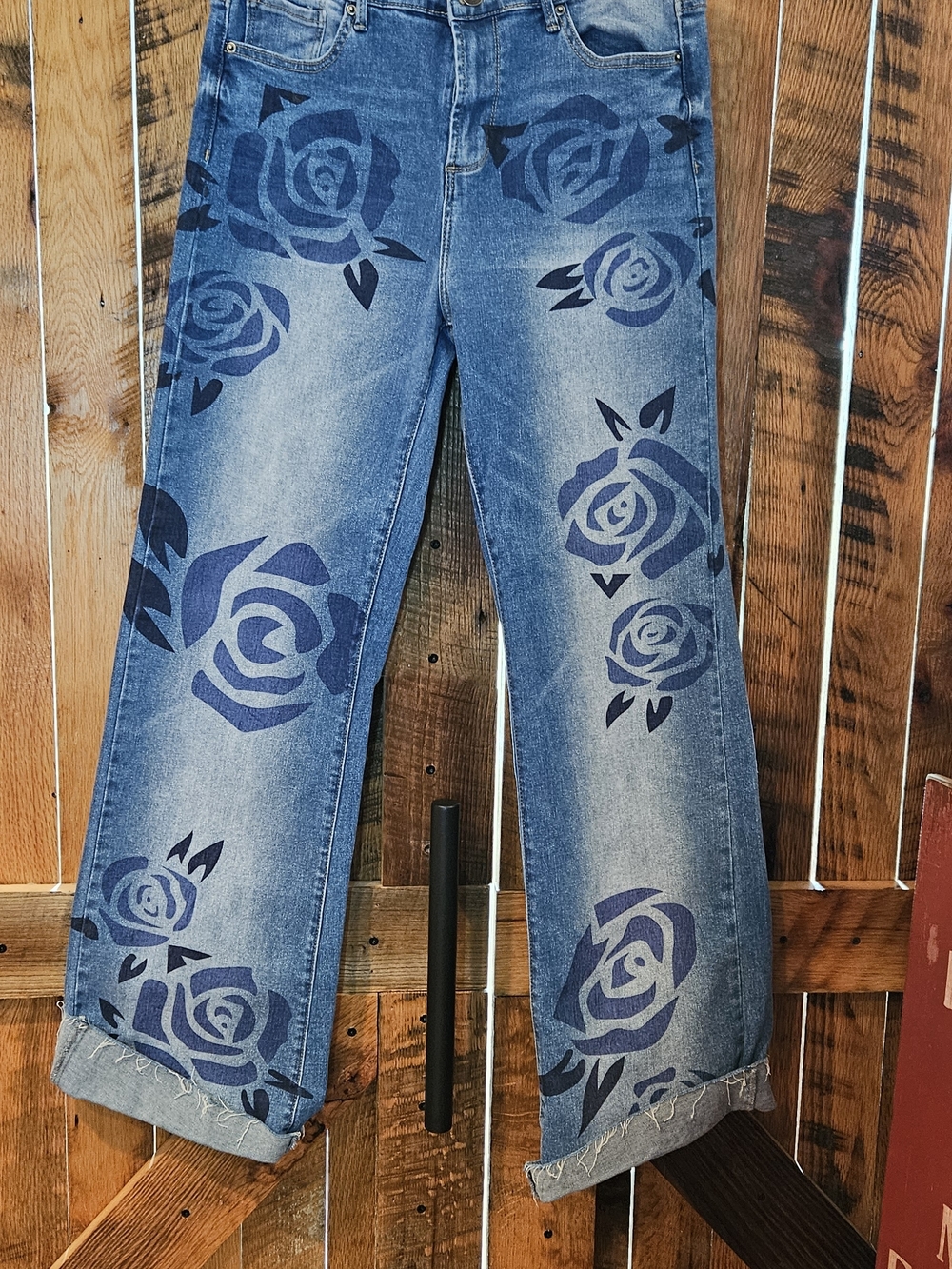 023p Oli & Hali Blue Denim Wide-Leg Jeans with Navy Rose Stencil